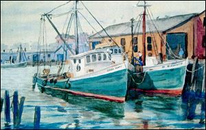 A watercolor painting of two boats in the harbor is among the works of Eileen Wilkowski on
display at Sanger branch library through November.