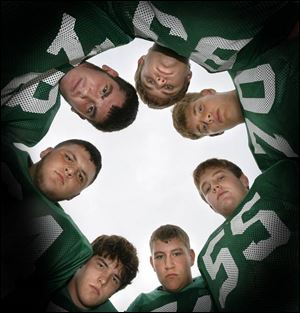 Oak Harbor offensive lineman are, clockwise from bottom
left, Jeff Maloney, Jeff Chambers, Ryan Wahl, Tom
Laderach, Drew Young, Brent Scherf and Jamie Blair.
The Rockets (11-0) have outscored opponents 387-65.
