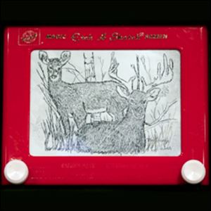 CTY etch26p D --  A detailed drawing of a pair of deer by Etch-a-Sketch artist Tim George at COSI, Monday, 12/26/05.  The Blade/Andy Morrison