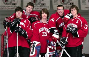 Bedford looks to defend its NHC White Division title with top players including (from left) Lukas Hayden, Chase Krider, goaltender Lucas Fournier, Danny Hopkins, and Andy Backus.