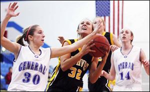 Anthony Wayne's Ashley Bromley defends last night against Karly Kasper of Northview, who has her eyes on the basket.