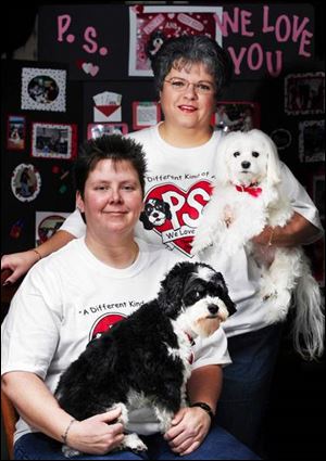 Wendy Bair, foreground, with her dog Plinkee, and Mary McMullin, with her dog Sissy Rose, are forming the first registered therapy dog organization in Monroe County.