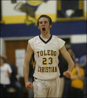 Tyler Boris, a senior guard averaging 8.5 points per game,celebrates after a victory by Toledo Christian. The Eagles are 16-0 overall, 10-0 in the Toledo Area Athletic Conference and can clinch an outright title with a victory tomorrow at Northwood.
