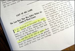 Washington Avery s shooting of the bear in 1858 is described in the  Pioneer Scrap-Book of Wood County, Ohio.  It was called a grizzly, but was likely a brown-phase black bear.