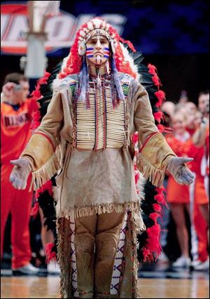 University of Illinois mascot Chief Illiniwek performs for the last time on Wednesday. The NCAA considered the mascot offensive to Native Americans and barred the school from hosting postseason athletic events until he was removed.