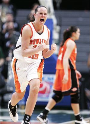 BGSU s Ali Mann had plenty to celebrate yesterday after the Falcons defeated Oklahoma State, 70-66. Her basket broke a 60-60 tie and her pass to Kate Achter for another provided the clincher for the tournament win. 