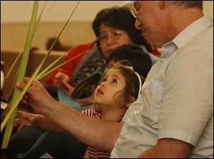 Slug: CTY Palms31p  Date:  03/31/2007   Location:  Toledo, OH  Caption: THE BLADE/ERIC SUMBERG  Destiny Ball, 3, looks at her palm with her grandfather Brad Ball at the Palm Sunday service at St. Lucas Evangelical Lutheran Church in America on Saturday.   Sunday is Palm Sunday, the start of the Holy Week that leads into Easter Sunday, a day in which Christians remember Jesus' triumphant entry into Jerusalem with the people waving palms.         Summary:  Palm Sunday service at St. Lucas Evangelical Lutheran Church in America led by Pastor Martin E. Billmeier.
