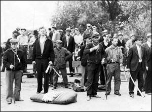 A picket line formed at one of the entrances to Newton Steel in 1937.
