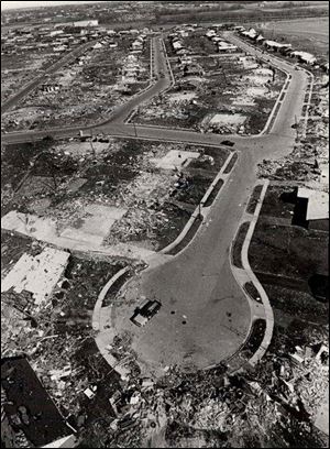 This aerial view shows the Arrowhead section of Xenia, Ohio, the area where the tornado of April 3, 1974 first touched down.