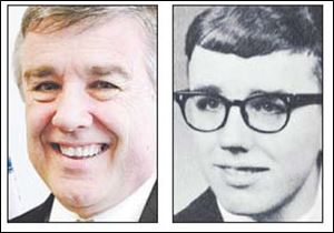 John Hayes today, left, and in a photo from St. Francis de Sales High School, where he graduated in 1966, right.