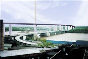A rendering in 1999 offered a view of what the cable-stayed bridge concept might look. A local task force reviewed possible locations
for a new Maumee River crossing and whether it should be a bridge or a tunnel.