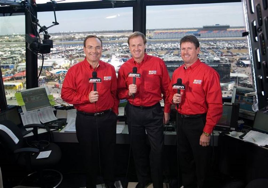 Jerry Punch, left, Rusty Wallace, and Andy Petree will be the featured team broadcasting NASCAR races. Punch will handle play-by-play, while his partners will provide analysis and color.