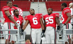 The heart of the OSU defense, from left, Lawrence Wilson, Malcolm Jenkins, Larry Grant, Curtis Terry and Donald Washington.