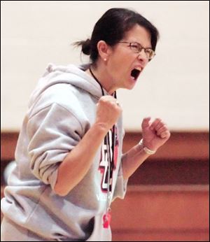 BGSU volleyball coach Denise Van De Walle shouts out instructions at practice Tuesday.