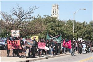 A march across campus concludes a rally at the University of Toledo yesterday afternoon in support of six black teenagers in Jena, La., who were initially charged with attempted murder after a fight with a white classmate. 