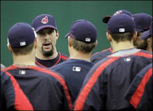 Trot Nixon, one of the Indians recognized as being a clubhouse
leader, addresses the team before practice yesterday.