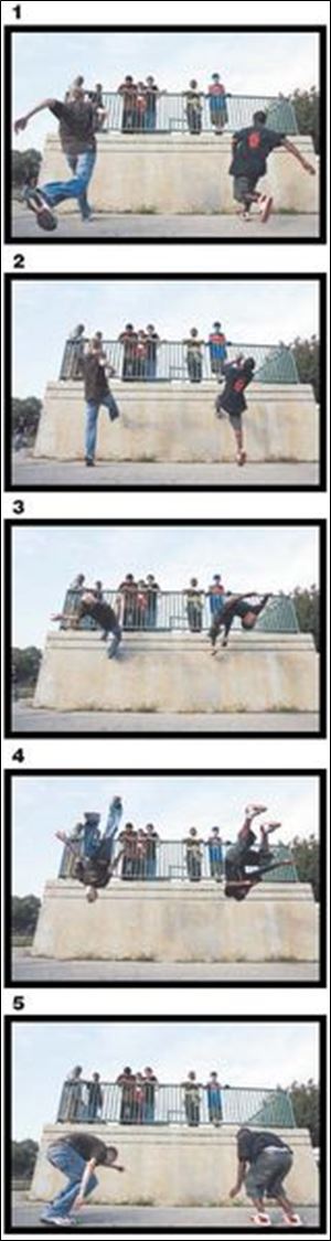 Top to bottom: Andy Thurman, 15, left, and Robert Aaron Johnson, 16, of the Metro Angels, perform backflips off of a wall in Monroe as they practice parkour.
