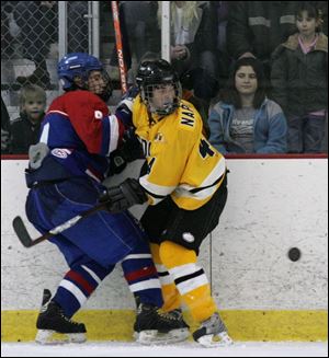 St. Francis' Louis Woody and Northview's Bob Napierala scrum on the boards while keeping an eye on the puck.
