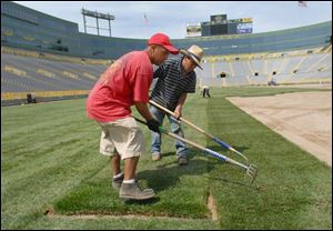 Workers from Tuckahoe Turf Farms install new sod at Lambeau Field in Green Bay, Wis., in May. The sod grower supplies grass to some of the country's most well-known sports venues. 