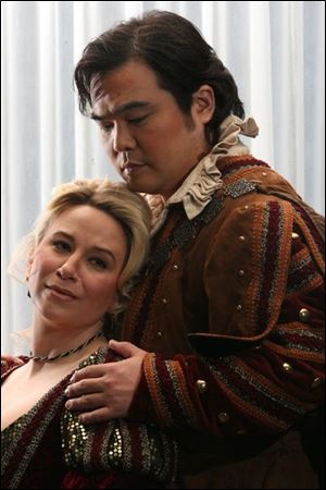 Kerri Marcinko, left, playing Leonara and Dongwon Shin as Manrico, right, will appear in <i>Il Trovatore</i>.
