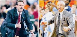 Bill Self, left, left Illinois abruptly to coach Kansas where Roy Williams once worked the sidelines before departing, abruptly, to go to North Carolina. Guard Brandon Rush leads methodical Kansas into tonight's semifinal game against North Carolina. Forward Tyler Hansbrough leads run-and-gun North Carolina into tonight's semifinal game against Kansas.