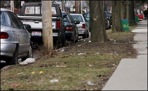 A curbside lawn on Starr is littered with  trash even though two green community trash bins are placed not too far down the street.