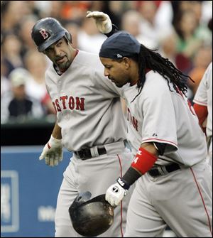 Manny Ramirez, right, scored on Mike Lowell's home run.