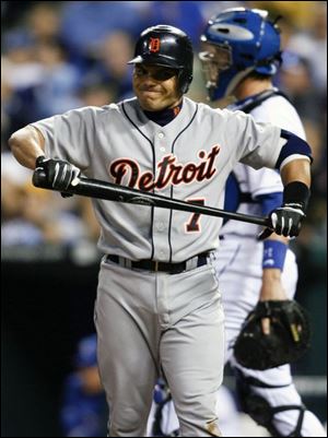 Tigers catcher Ivan Rodriguez is frustrated after striking out in the fifth inning last night at Kansas City. He went 0-for-3.