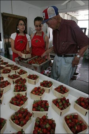 Sisters Erica, 12, and Alycia Robinson, 15, work the counter for their grandfather, Dale Johnston, at his strawberry farm in Swanton.