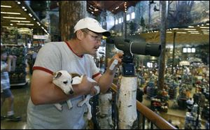 Chuck Seel of Swanton shops with his six-month-old Jack Russell terrier while checking out the Bass Pro Shops in Rossford.