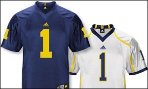 Made by adidas, which contracted with UM on an eight-year, $60 million licensing agreement last year, the home jersey appears to largely stick with tradition. They're the familiar blue with solid maize numbers. But a key difference in the Wolverines' road White jerseys is the maize stripe running from the neckline to the front of the shoulder and down the sleeve on the left and right sides.

