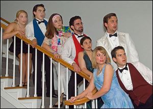 The cast of Rumors includes, from left, Julie Berry, Chris Stewart,
Rachel Frady, Ryan Shaw, Britany Koser, Charlie Rasmann,
and, in the foreground, Nicole Hale, and Pete Podolski.