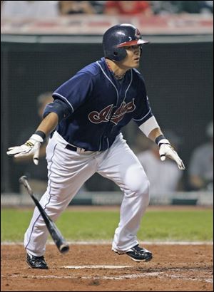 The Indians  Shin-Soo Choo watches his double off the Tigers  Armando Galarraga to drive in a run in the sixth inning.
