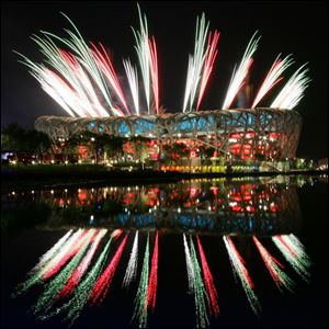 Fireworks light up the National Stadium at a rehearsal for Friday s upcoming opening ceremonies of the Beijing Olympics.
