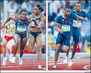Dropped batons cost the U.S. in the relay heats. At left, Torry Edwards can't grab the baton from Lauryn Williams. For the men, Tyson Gay, left, missed the exchange with Darvis Patton.