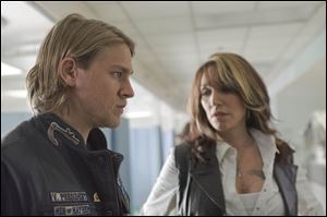 Jax Teller (Charlie Hunnam) and his ruthless mother, Gemma (Katey Sagal) in a scene from  Sons of Anarchy. 

