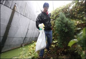 Zach Zmuda collects trash found in the foliage.