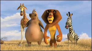In this image released by Paramount Pictures, Melman the giraffe, voiced by David Schwimmer, left, Gloria the hippo, voiced by Jada Pinkett Smith, second left, Alex the lion, voiced by Ben Stiller and Marty the zebra voiced by Chris Rock, right, are shown in a scene from the DreamWorks production 