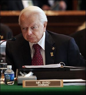  In this May 15, 2008 file photo Senate Appropriations Committee Chairman Sen. Robert Byrd, D-W.Va., presides over the committee's hearing on Capitol Hill in Washington. Byrd, the longest-serving senator in history, is stepping down from his cherished post as chairman of the Senate Appropriations Committee.