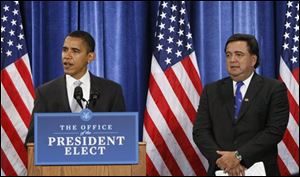 President-elect Barack Obama and Commerce Secretary-designate New Mexico Gov. Bill Richardson take part in a news conference in Chicago, Wednesday, Dec. 3, 2008.