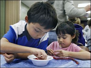 Slug: NBRN crafts04p C                                      The Blade/Jeremy Wadsworth  Date: 11/24/08  Caption: Austin Ausmus, 8, and his sister Alexandria, 8, of Summerfield, Mich., make  Christmas ornaments Monday, 11/24/08, at the Summerfield-Petersburg Library in Petersburg, Mich.