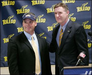 University of Toledo athletic director Mike O'Brien, right, says he believes Tim Beckman's ties to Ohio will help him as coach. 