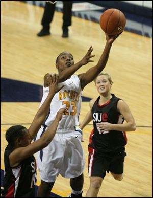 The Rockets' Jessica Williams goes to the basket against SIU- Edwardsville at Savage Arena. Yesterday's win sends UT into MAC play this week with a 6-7 record.