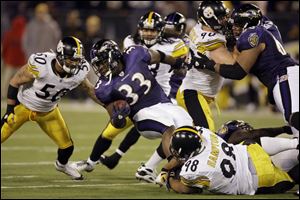 Ravens fullback LeRon McClain finds himself between Steelers Larry Foote (50) and Casey Hampton (98). He's gonna get hit.
