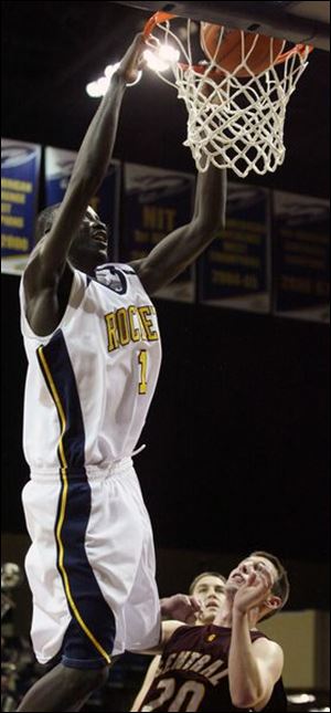 Justin Anyijong dunks for the Rockets. He finished with 13 points and 17 rebounds. 