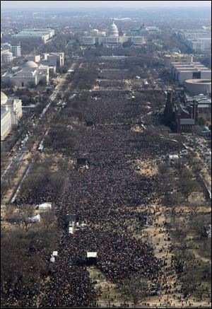 A crowd estimated at more than a million, believed to be one of the largest ever in Washington, packs the National Mall. It stretches from the Capitol to the Lincoln Memorial.  