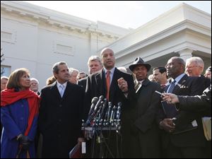 New Orleans Mayor Ray Nagin, joined by other U.S. mayors, speaks after meeting with President Obama on Friday.
<br>
<img src=http://www.toledoblade.com/graphics/icons/video.gif><b><font color=red> AP VIDEO</b></font color=red>: <a href="http://video.ap.org/?t=By%20Section/U.S.&g=0220dv_obama_mayors&f=OHTOL&SECTION=HOME" target="_blank "><b>Obama tells mayors to spend stimulus wisely</b></a>