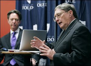 Dr. Lloyd Jacobs, University of Toledo president, answered 20-plus questions during the town-hall meeting at which he announced the layoffs. In response to one, he said he did not relinquish a $150,000 bonus to help retain employees.