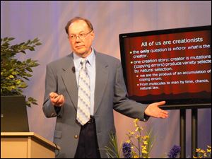 Jerry Bergman, who holds nine degrees, tells an audience at
WLMB-TV that voicing doubts about evolution can derail an
academic career.