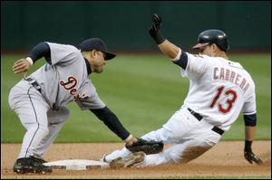 The Tigers' Placido Polanco slaps the tag on the Indians' Asdrubal Cabrera, who was trying to stretch a single into a double.